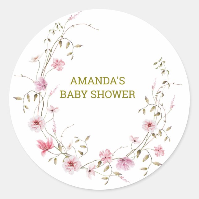 Elegant Wild Flowers Baby Shower Classic Round Sticker (Front)