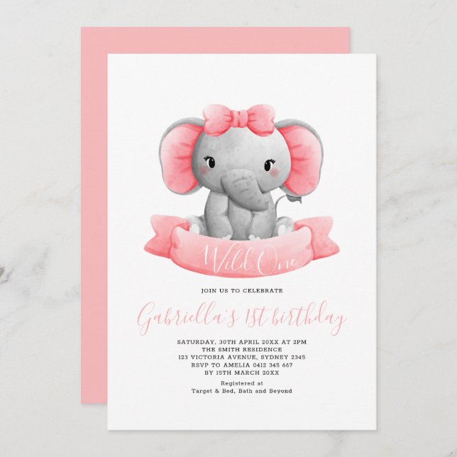 Elegant Wild One Elephant Girl 1st Birthday Invitation (Front/Back)