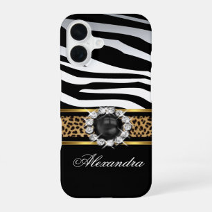 Elegant Wild Zebra Stripe Leopard Black Gold Pearl iPhone 16 Case