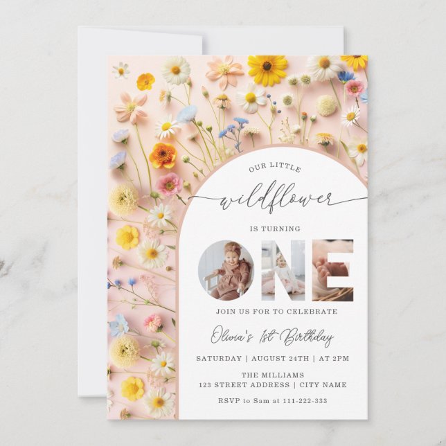 Elegant Wildflower 1st Birthday Photo Invitation (Front)