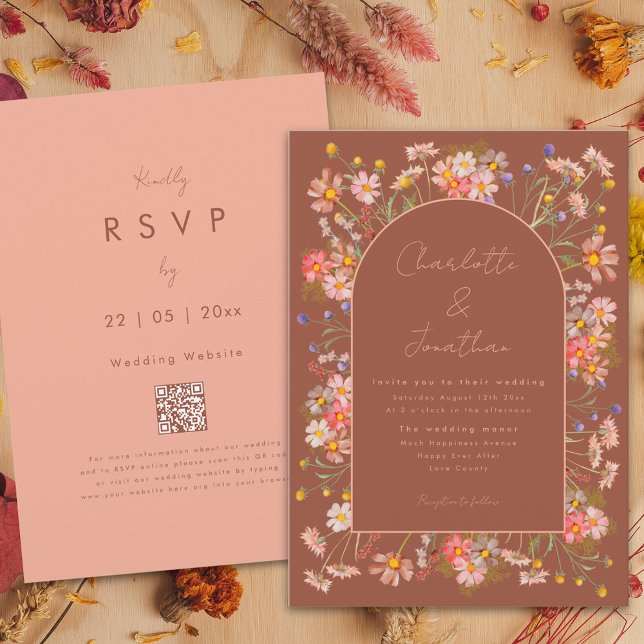 Elegant Wildflower Arch Burnt Orange Fall Wedding Invitation (Boho chic wildflower burnt orange terracotta fall wedding invitation with wedding website QR code)