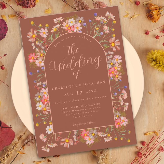 Elegant Wildflower Arch Burnt Orange Fall Wedding Invitation (Wildflower arch elegant script terracotta burnt orange peach  fall wedding invitation )