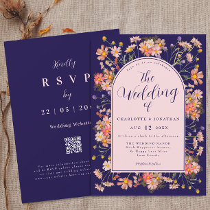 Elegant Wildflower Arch Navy Blue Pink Wedding Invitation