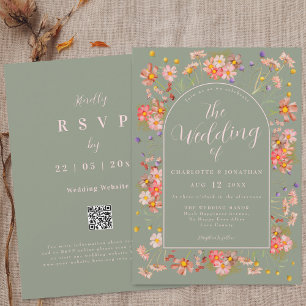 Elegant Wildflower Arch Sage Green Blush Wedding Invitation