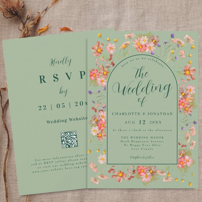Elegant Wildflower Arch Sage Green Wedding Invitation (Wildflower elegant floral arch sage green Wedding qr code invitation Boho fall rustic meadow flowers)