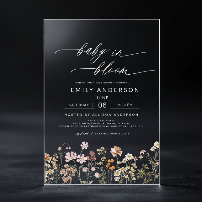 Elegant Wildflower Baby in Bloom Baby Shower  Acrylic Invitations (Creator Uploaded)