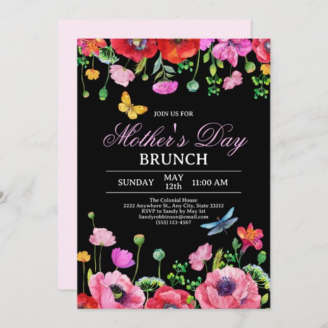 Elegant Wildflower Black Chic Mother's Day Brunch Invitation (Front/Back)