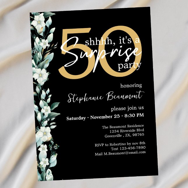 Elegant Wildflower Black Surprise 50th Birthday  Invitation (Creator Uploaded)