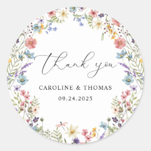 Elegant Wildflower Bloom Thank You Script Wedding Classic Round Sticker