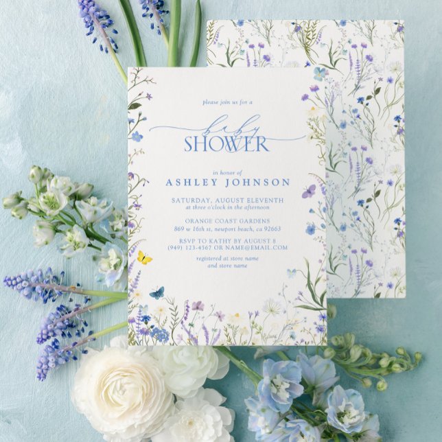 Elegant Wildflower Blue Gender Neutral Baby Shower Invitation (Easily personalize this sweet baby shower invitation with your unique details)
