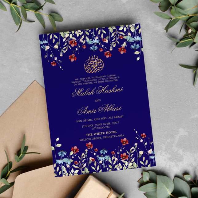 Elegant wildflower Blue Islamic Muslim Wedding Invitation (Creator Uploaded)
