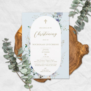 Elegant Wildflower Blue Oval Frame Boy Christening Invitation