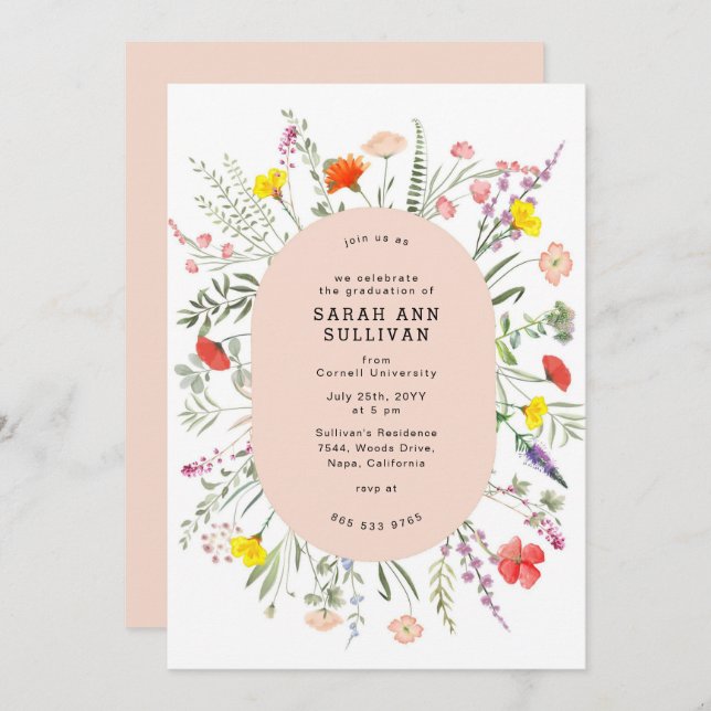 Elegant Wildflower Blush Frame Graduation Invite  (Front/Back)