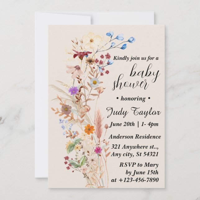 Elegant Wildflower Boho Baby Shower Invitation (Front)