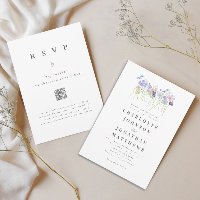 Elegant Wildflower Boho Blue Pink Wedding QR Code Invitation (Elegant wildflower meadow watercolor floral blue blush pink wedding qr code invitation )