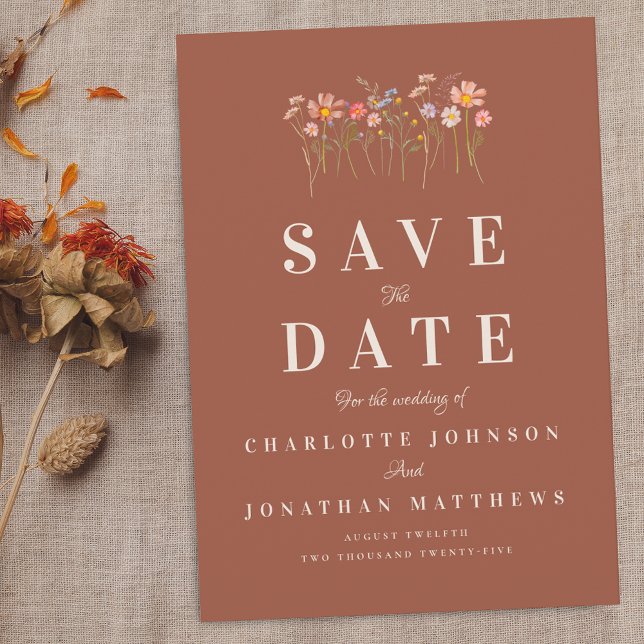 Elegant Wildflower Boho Fall Terracotta Wedding Save The Date (Elegant modern boho fall wildflower floral terracotta wedding save the date invitation)
