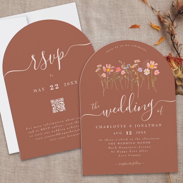 Elegant Wildflower Boho Terracotta QR Code Wedding Invitation (Elegant boho fall Wildflower floral terracotta rust qr code Wedding arch invitation Whimsical script)