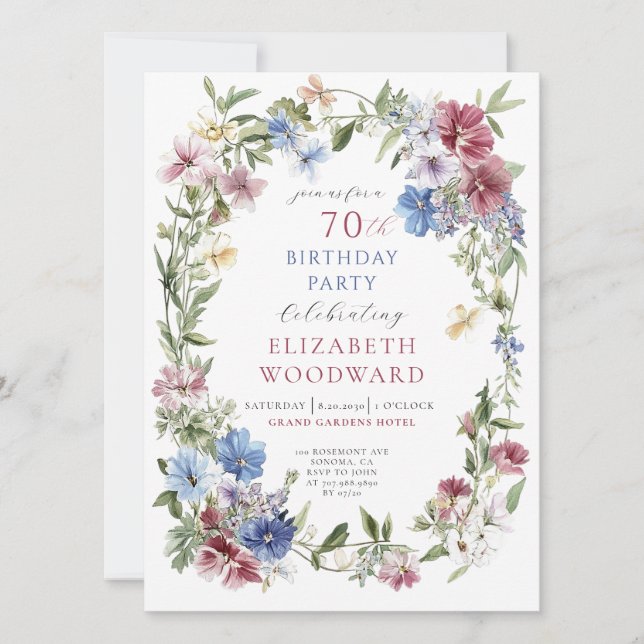 Elegant Wildflower Boho Watercolor 70th Birthday  Invitation (Front)