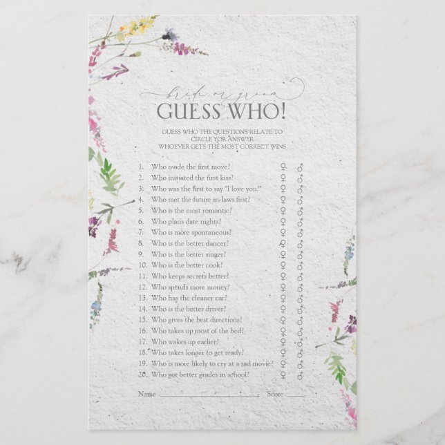 Elegant Wildflower Botanical Bridal Shower Game (Front)