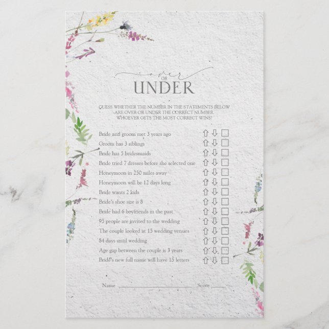 Elegant Wildflower Botanical Bridal Shower Game (Front)