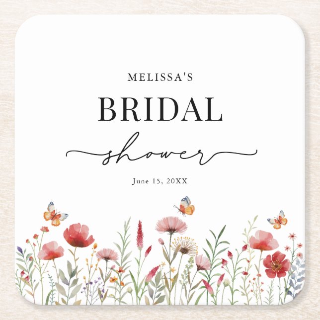 Elegant Wildflower Bridal Shower Square Paper Coaster (Front)