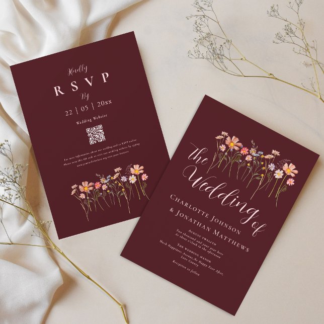 Elegant Wildflower Burgundy Blush Pink QR Code Invitation (Elegant wildflower floral burgundy blush pink wedding qr code invitation)