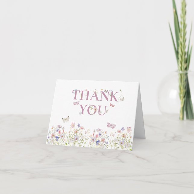 Elegant Wildflower Butterflies Pink Girl Thank You Card (Front)