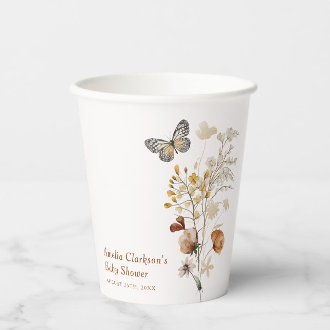 Elegant Wildflower Butterfly Baby Shower Paper Cups (Front)
