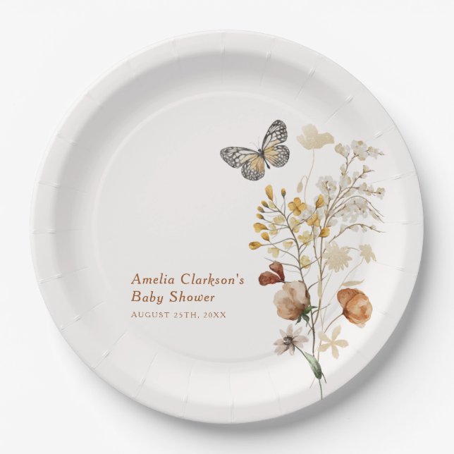 Elegant Wildflower Butterfly Baby Shower Paper Plate (Front)
