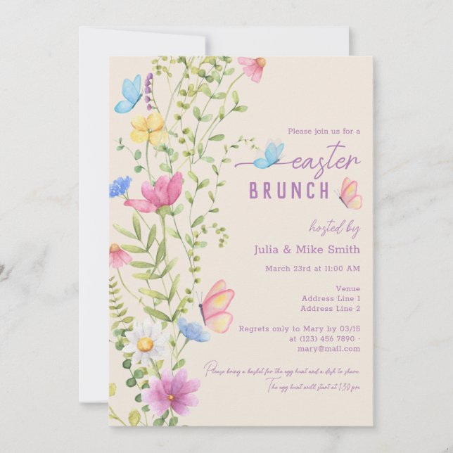 Elegant Wildflower Butterfly Garden Easter Brunch Invitation (Front)