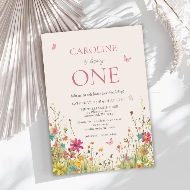 Elegant Wildflower Butterfly Girl 1st Birthday Invitation (Creator Uploaded)