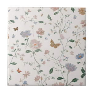 Elegant Wildflower & Butterfly Toile-De-Jouy Ceramic Tile