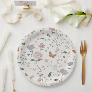 Elegant Wildflower & Butterfly Toile-De-Jouy Paper Plate