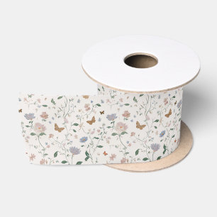 Elegant Wildflower & Butterfly Toile-De-Jouy  Satin Ribbon
