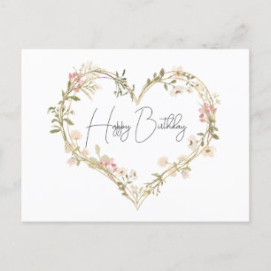 Elegant Wildflower Cream Pink Heart Happy Birthday Postcard