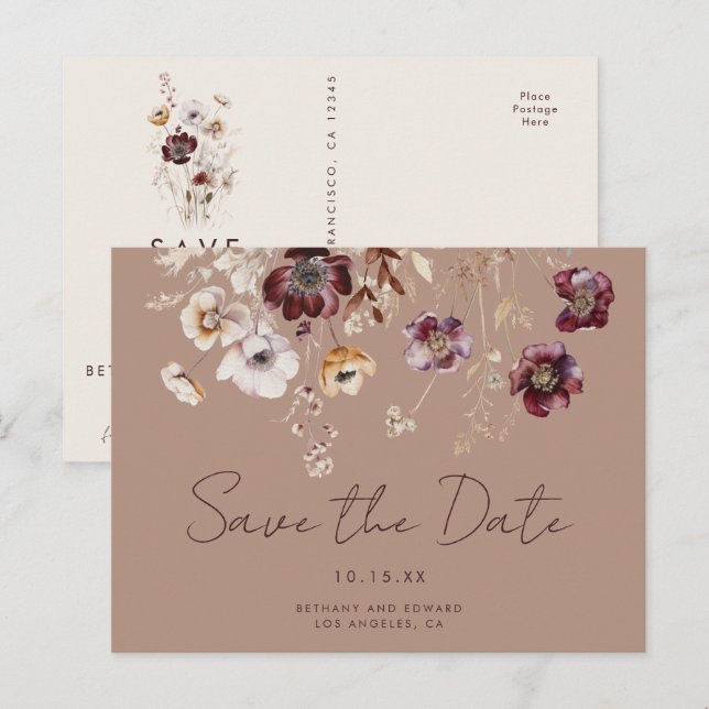 Elegant Wildflower Fall Wedding Save the Date Postcard (Front/Back)