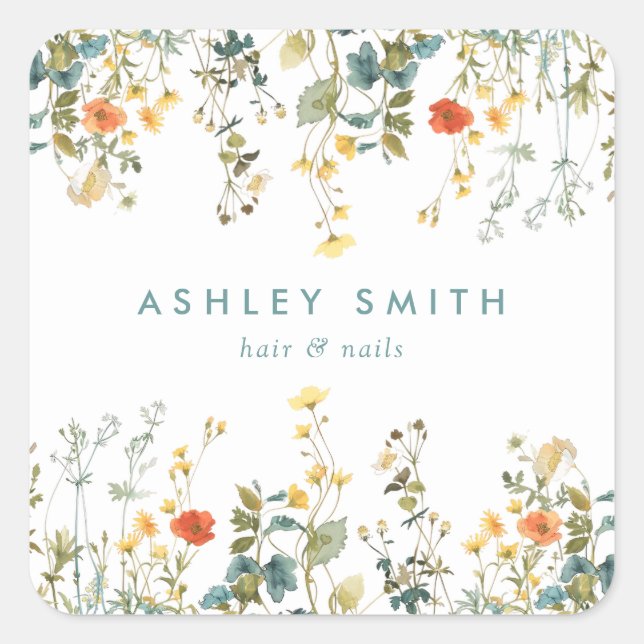 Elegant Wildflower Field Business Square Sticker (Front)