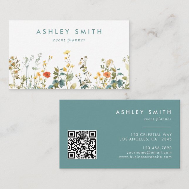 Elegant Wildflower Field QR Code Business Card (Front/Back)