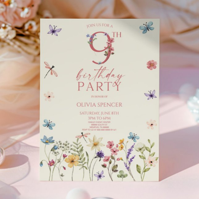 Elegant Wildflower Floral 9th Birthday Party Invitation (Creator Uploaded)