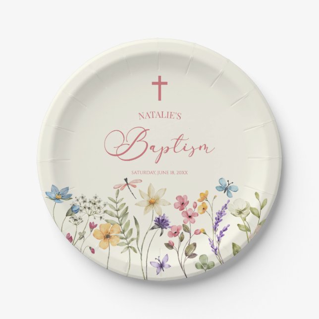 Elegant Wildflower Floral Baptism Paper Plate (Front)
