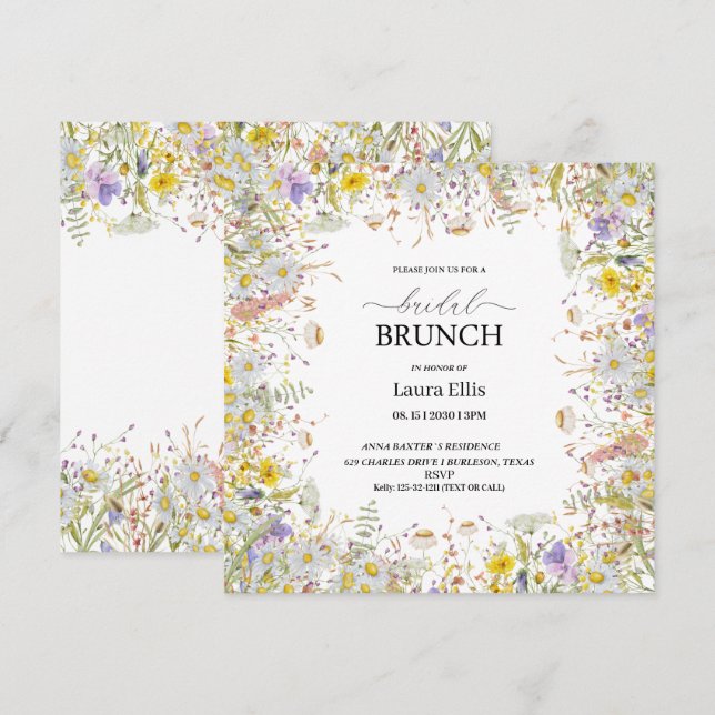 Elegant wildflower floral bridal brunch invitation (Front/Back)