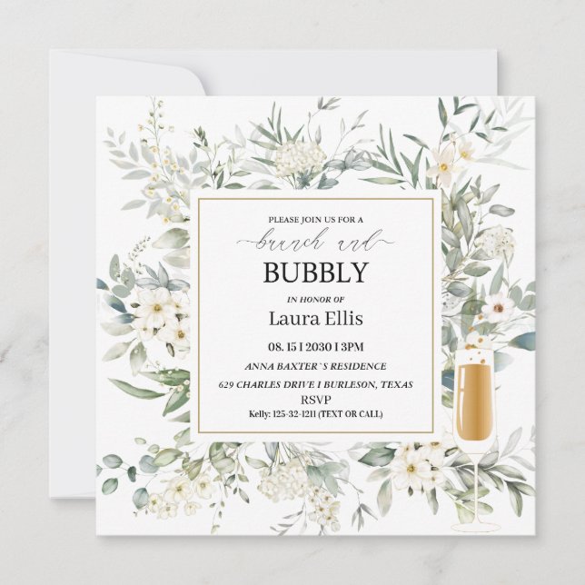 Elegant wildflower floral brunch  and bubbly invit invitation (Front)