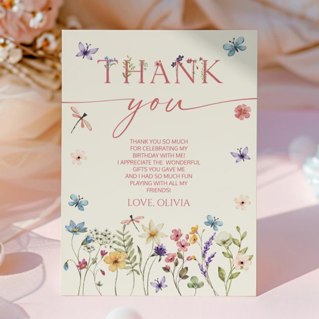 Elegant Wildflower Floral Butterfly Birthday Party Thank You Card (Creator Uploaded)