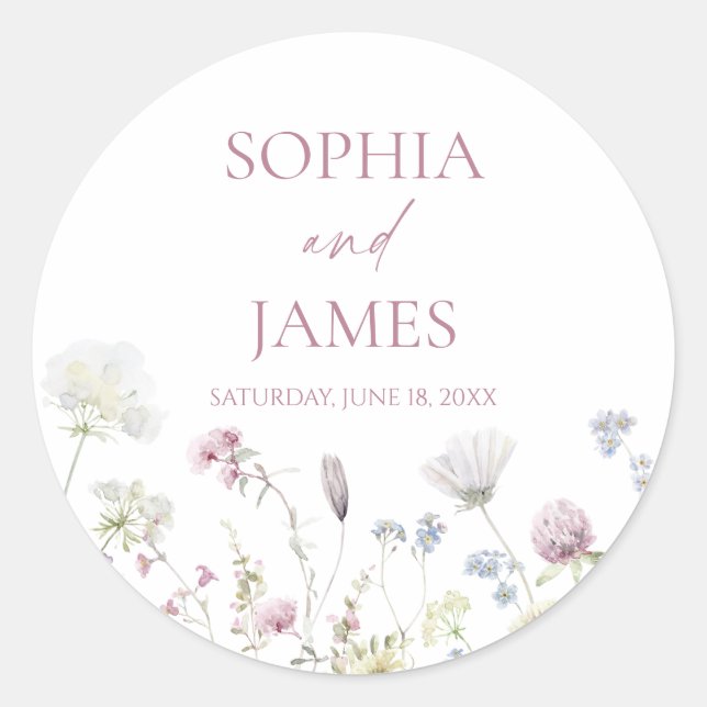 Elegant Wildflower Floral Flowers Wedding Classic Round Sticker (Front)