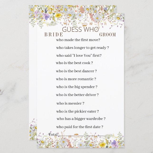 Elegant Wildflower Floral Game Paper Sheet (Front/Back)