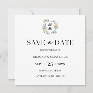 Elegant Wildflower Floral Monogram Crest Wedding Save The Date
