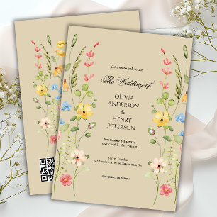 Elegant Wildflower Floral Neutral QR Code Wedding Invitation