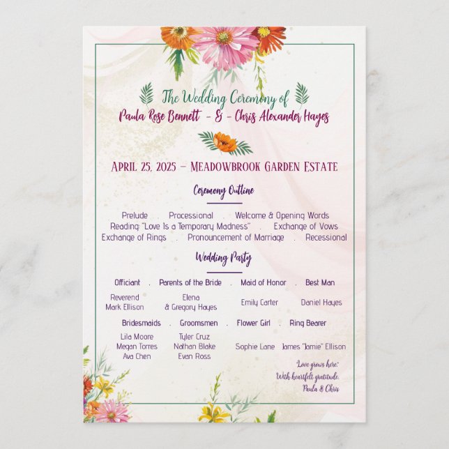 Elegant Wildflower Garden Wedding Program (Front)