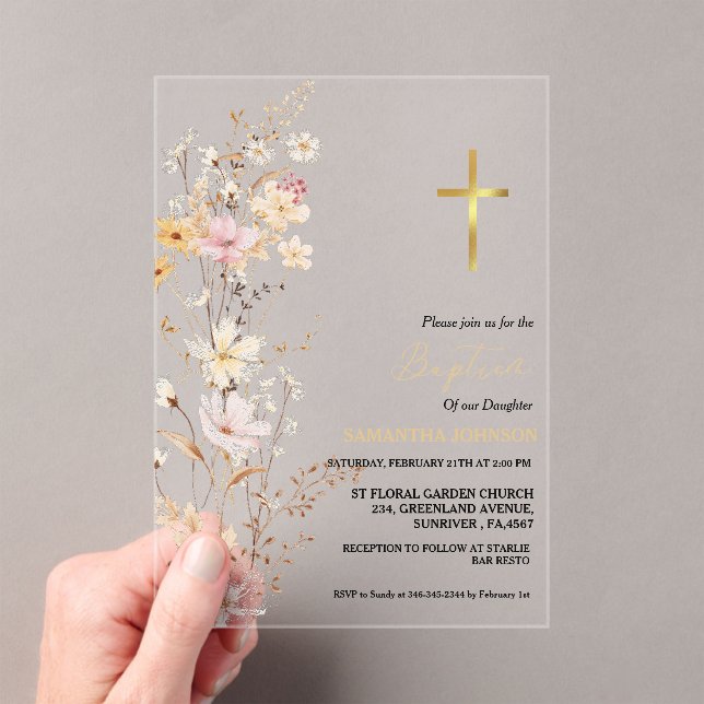 Elegant Wildflower Girl Baptism Christening Acrylic Invitations (Insitu (Handheld))