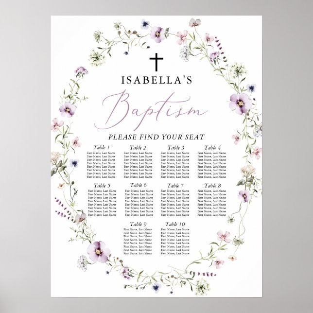 Elegant Wildflower Girl Baptism Seating Chart (Front)